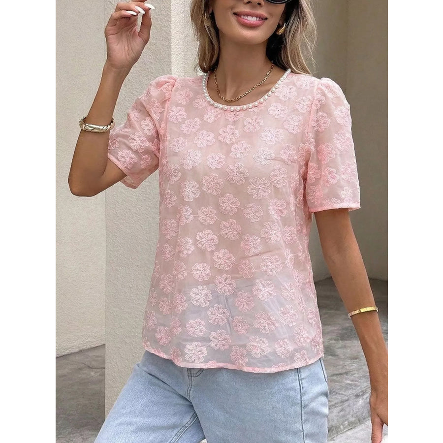 Floral Embroidered Pearl Trim Blouse Apparel and Accessories