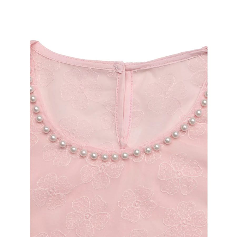 Floral Embroidered Pearl Trim Blouse Apparel and Accessories