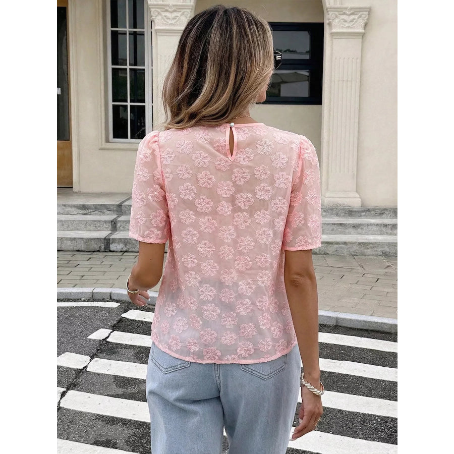 Floral Embroidered Pearl Trim Blouse Apparel and Accessories