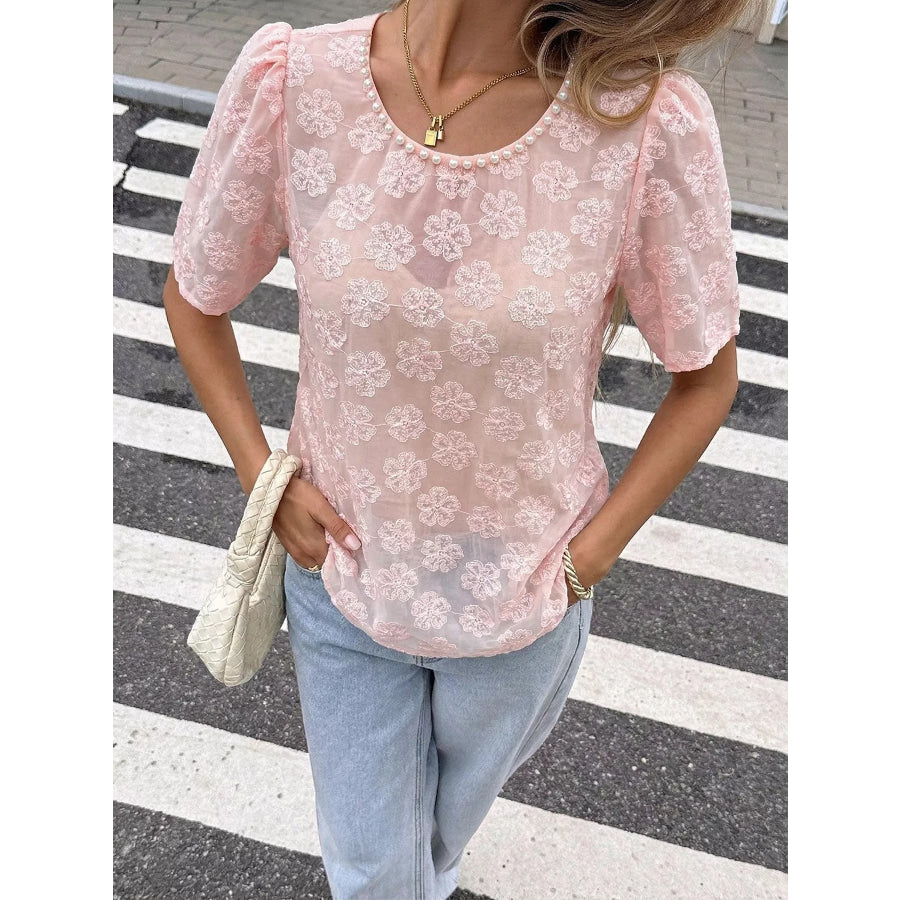 Floral Embroidered Pearl Trim Blouse Pink / S Apparel and Accessories