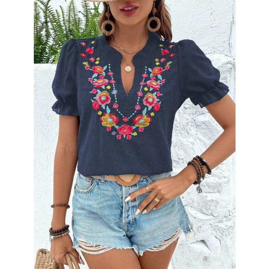 Floral Embroidered Puff Sleeve Blouse Apparel and Accessories