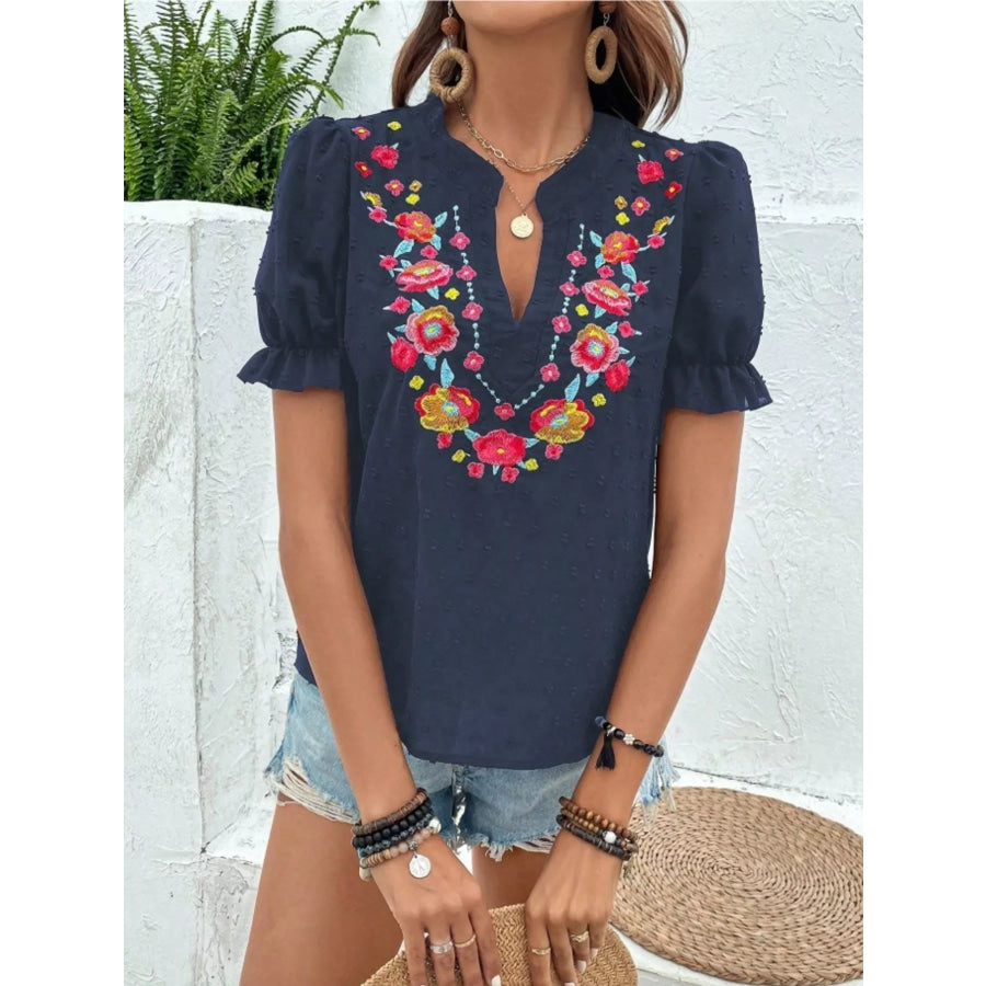 Floral Embroidered Puff Sleeve Blouse Apparel and Accessories
