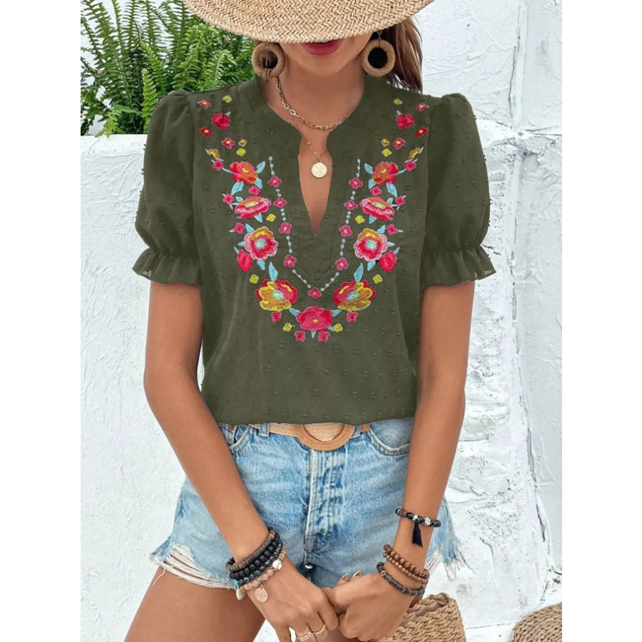Floral Embroidered Puff Sleeve Blouse Apparel and Accessories