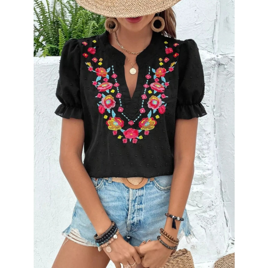 Floral Embroidered Puff Sleeve Blouse Apparel and Accessories