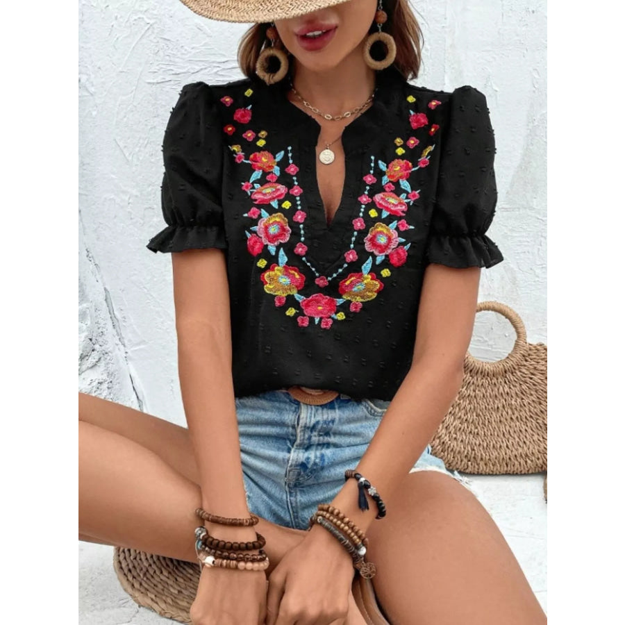 Floral Embroidered Puff Sleeve Blouse Black / S Apparel and Accessories