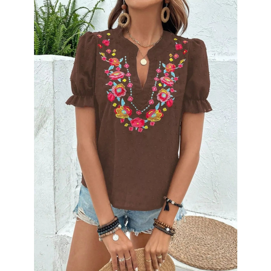 Floral Embroidered Puff Sleeve Blouse Brown / S Apparel and Accessories