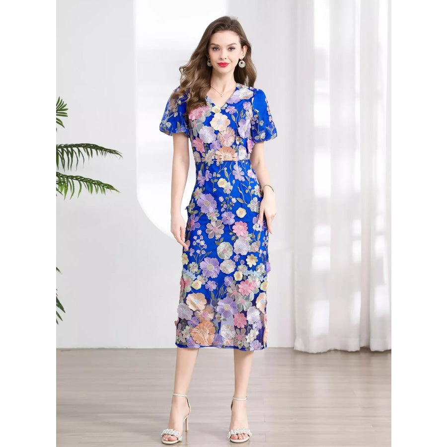 Floral Embroidered Puff Sleeve Midi Dress Apparel and Accessories