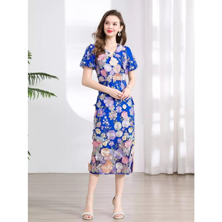 Floral Embroidered Puff Sleeve Midi Dress Apparel and Accessories