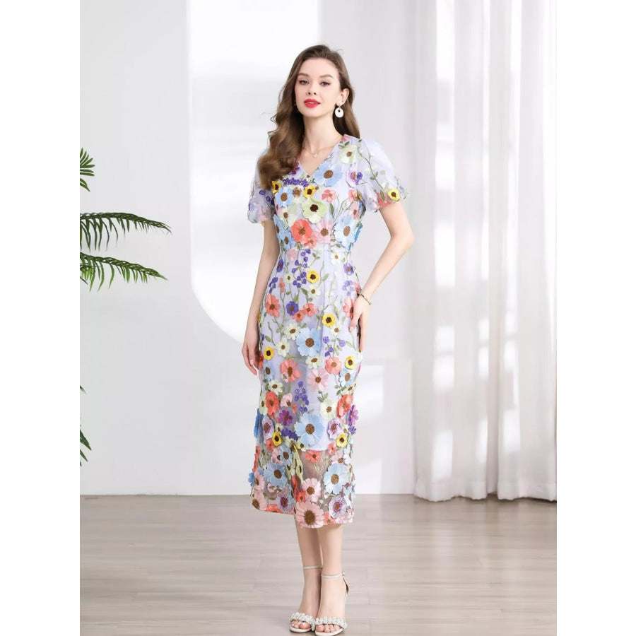 Floral Embroidered Puff Sleeve Midi Dress Apparel and Accessories