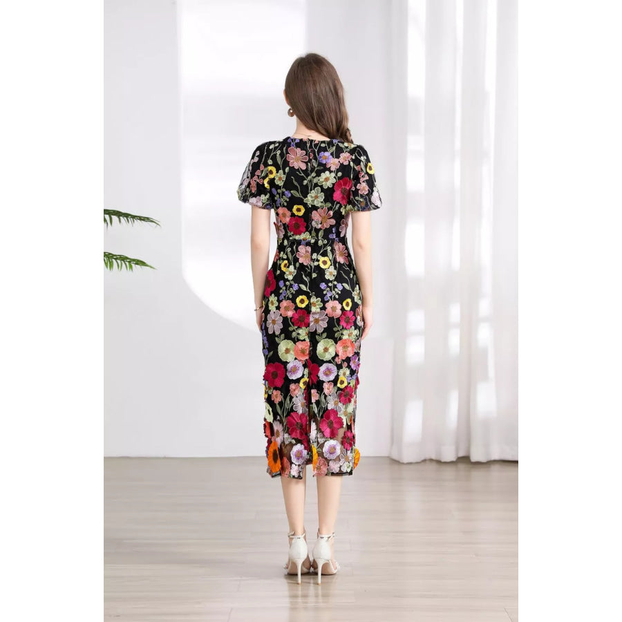 Floral Embroidered Puff Sleeve Midi Dress Apparel and Accessories
