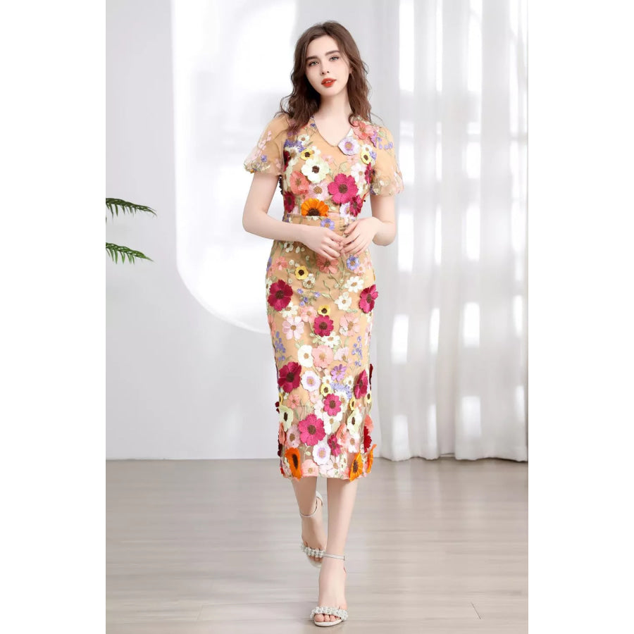 Floral Embroidered Puff Sleeve Midi Dress Apparel and Accessories