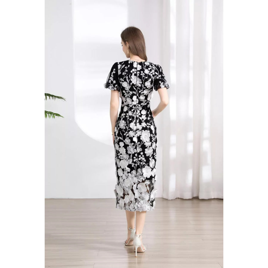 Floral Embroidered Puff Sleeve Midi Dress Apparel and Accessories