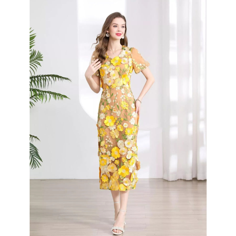Floral Embroidered Puff Sleeve Midi Dress Apparel and Accessories