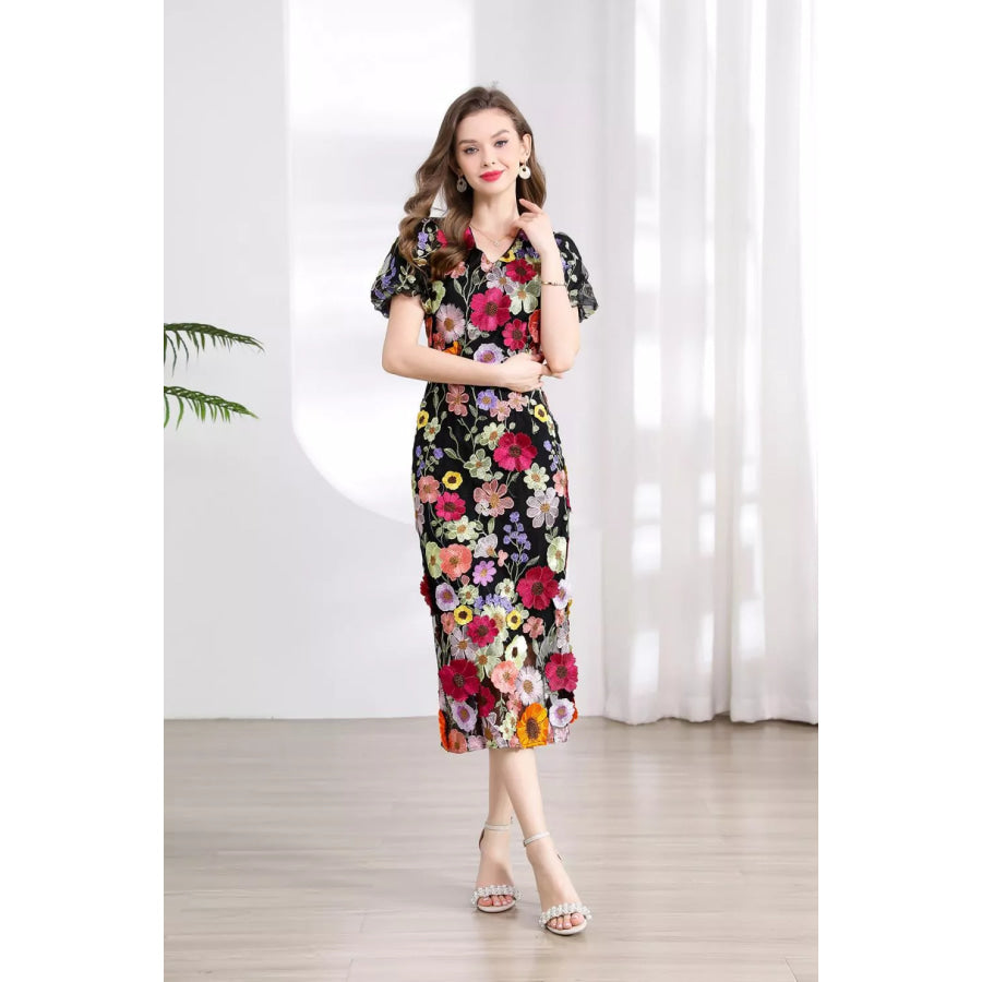 Floral Embroidered Puff Sleeve Midi Dress Apparel and Accessories