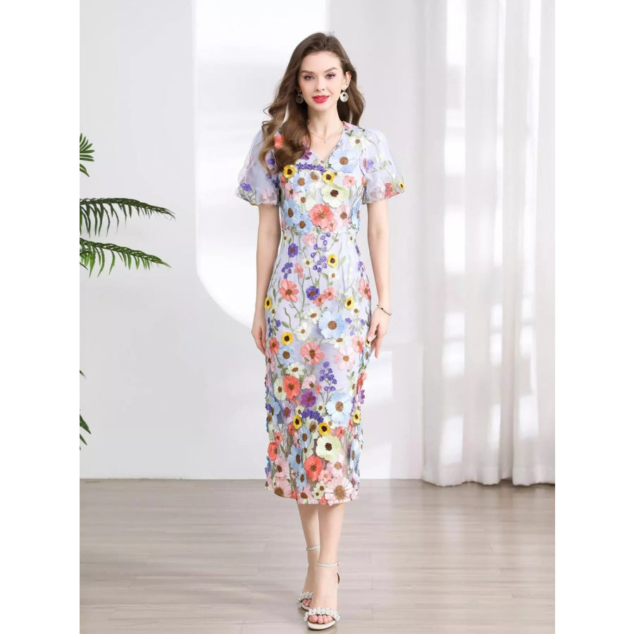 Floral Embroidered Puff Sleeve Midi Dress Apparel and Accessories