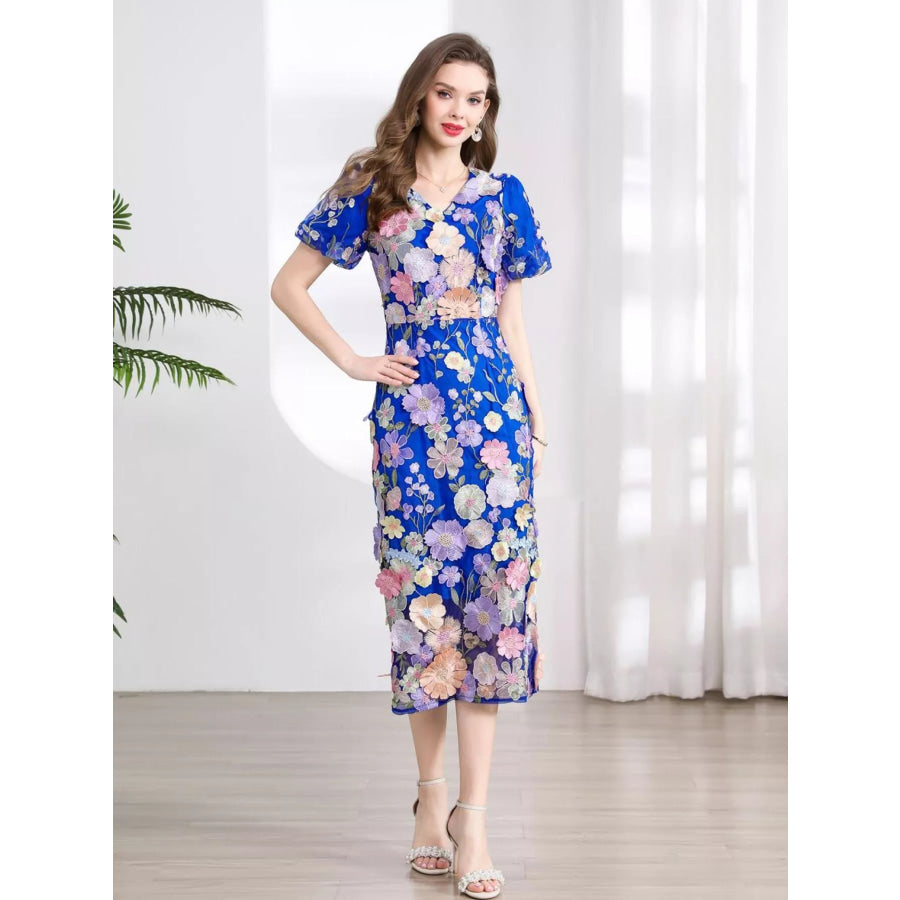 Floral Embroidered Puff Sleeve Midi Dress Apparel and Accessories