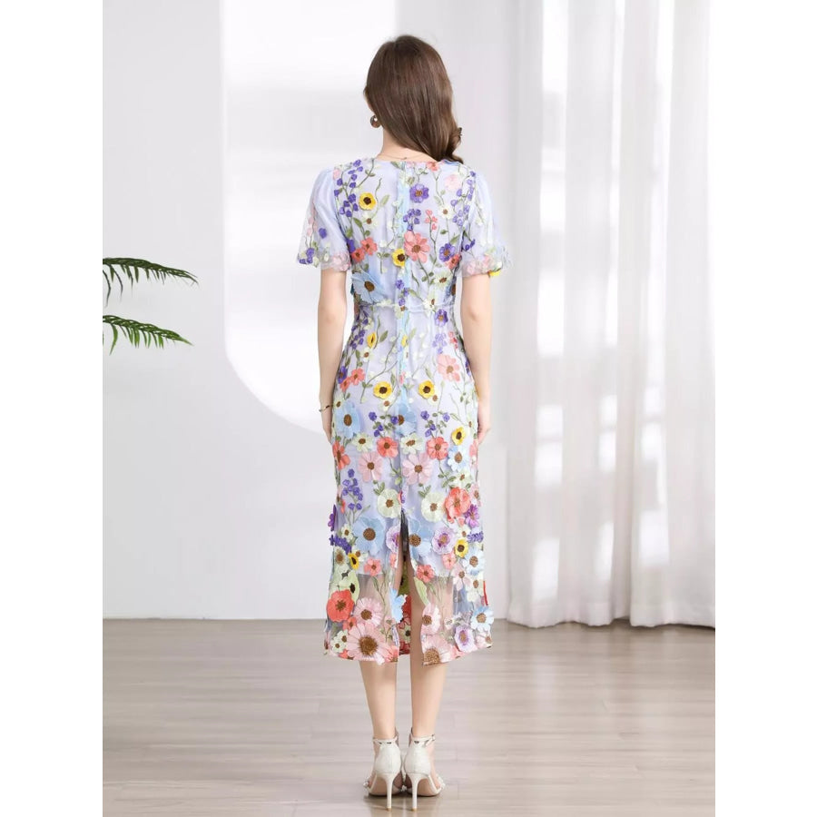 Floral Embroidered Puff Sleeve Midi Dress Apparel and Accessories