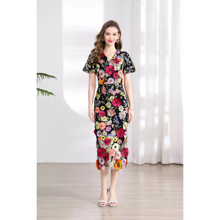 Floral Embroidered Puff Sleeve Midi Dress Apparel and Accessories