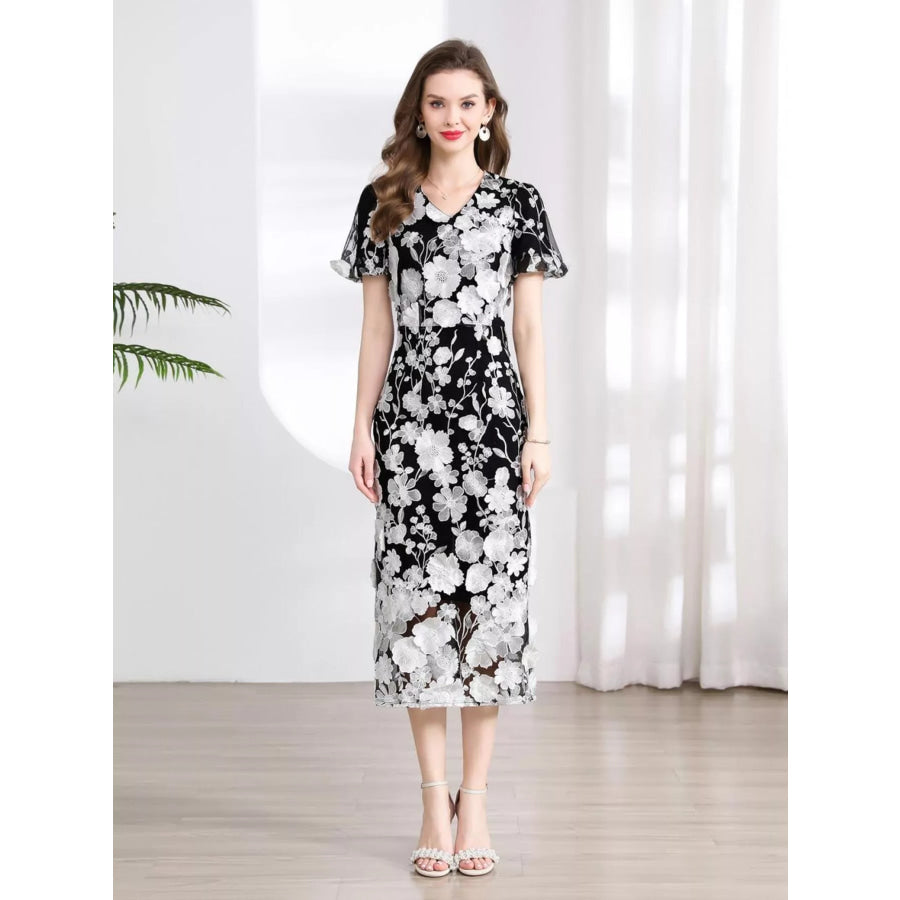 Floral Embroidered Puff Sleeve Midi Dress Apparel and Accessories
