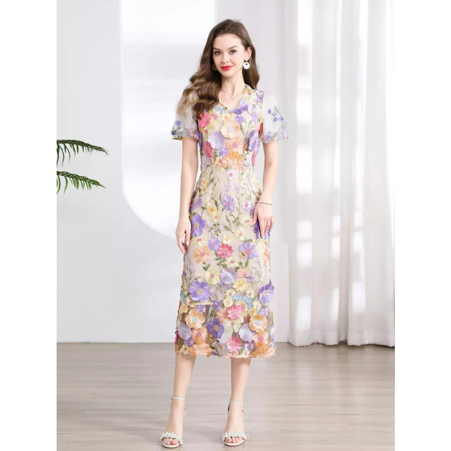 Floral Embroidered Puff Sleeve Midi Dress Apparel and Accessories