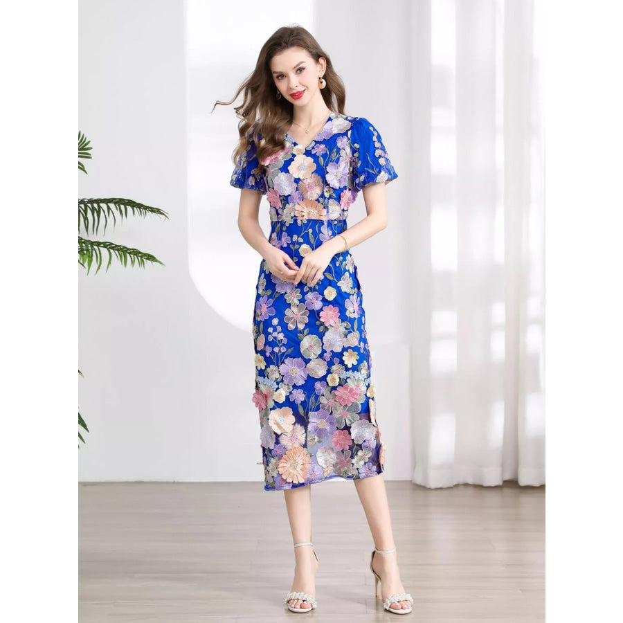 Floral Embroidered Puff Sleeve Midi Dress Apparel and Accessories