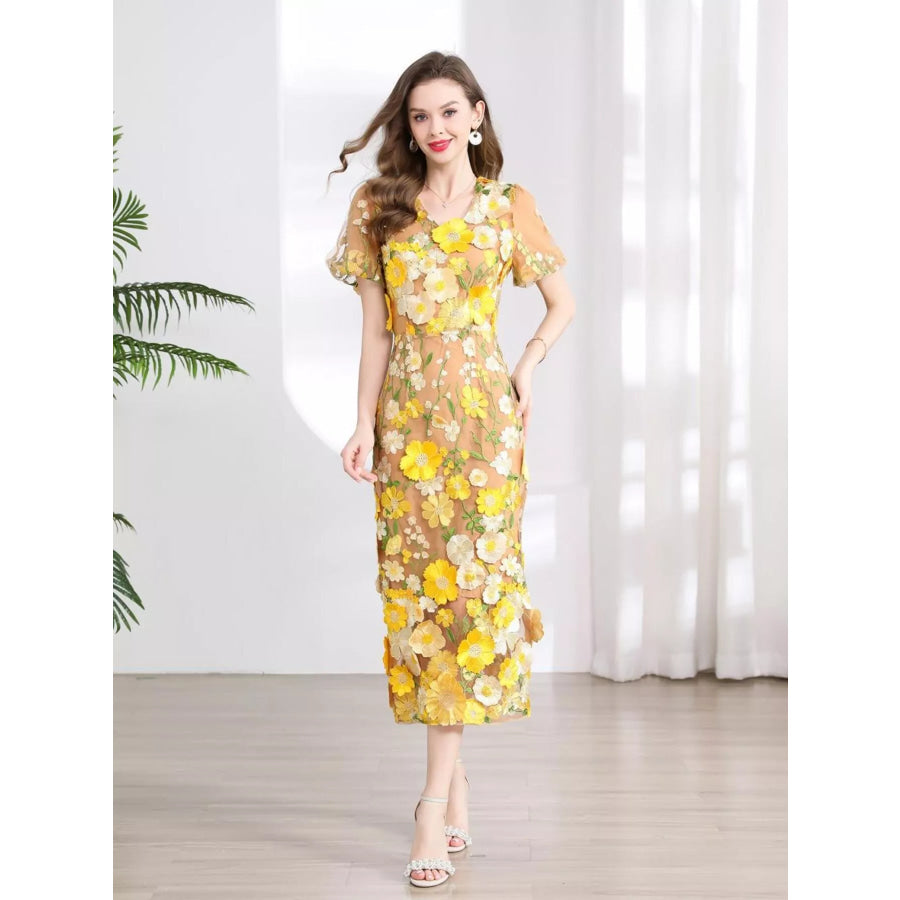 Floral Embroidered Puff Sleeve Midi Dress Apparel and Accessories