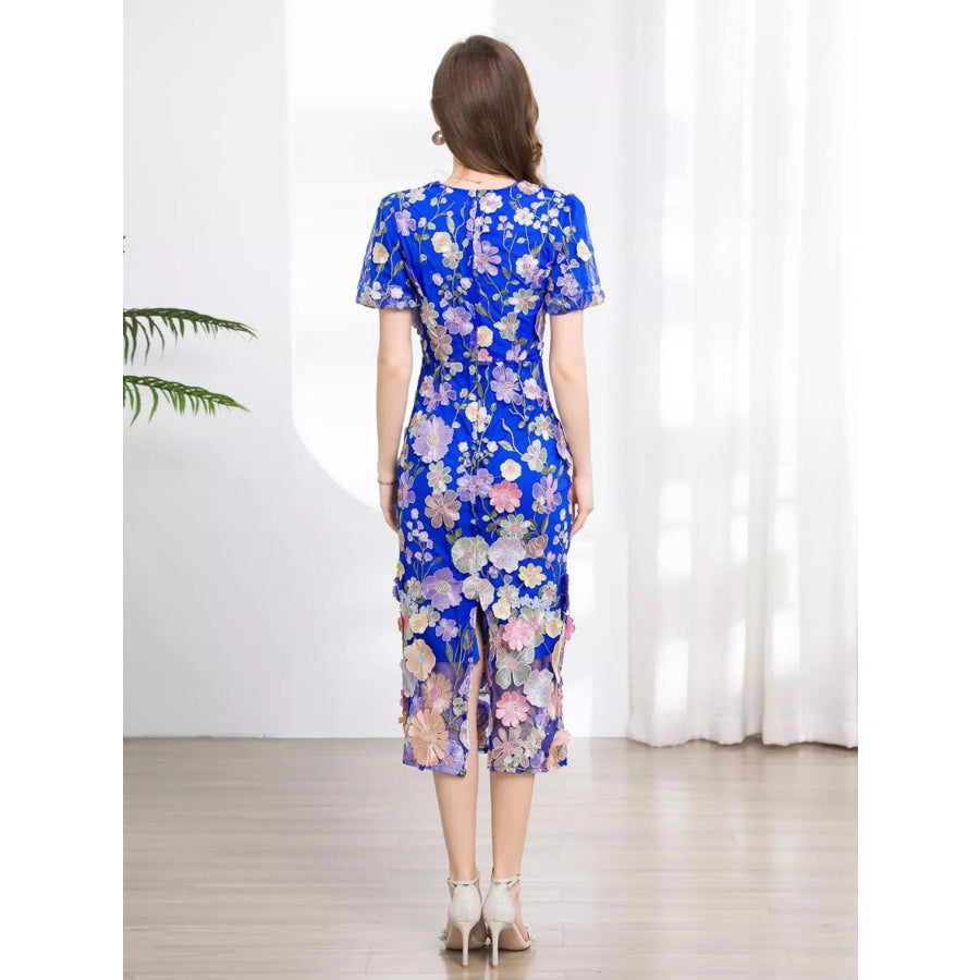 Floral Embroidered Puff Sleeve Midi Dress Apparel and Accessories