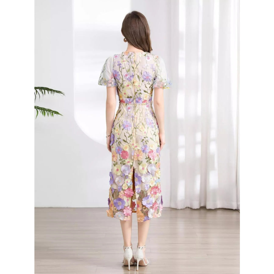 Floral Embroidered Puff Sleeve Midi Dress Apparel and Accessories