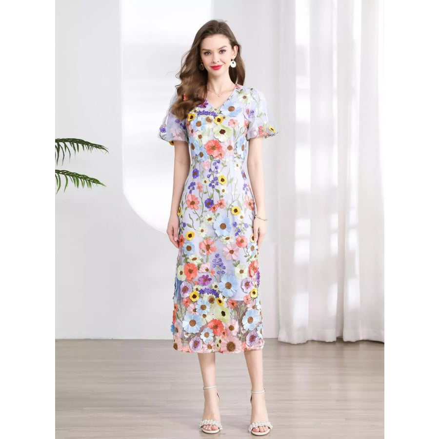 Floral Embroidered Puff Sleeve Midi Dress Apparel and Accessories