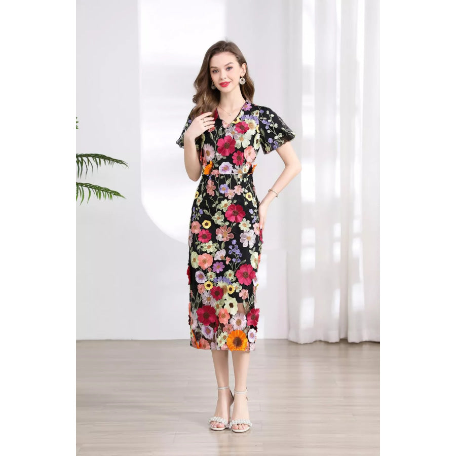 Floral Embroidered Puff Sleeve Midi Dress Black Red / S Apparel and Accessories