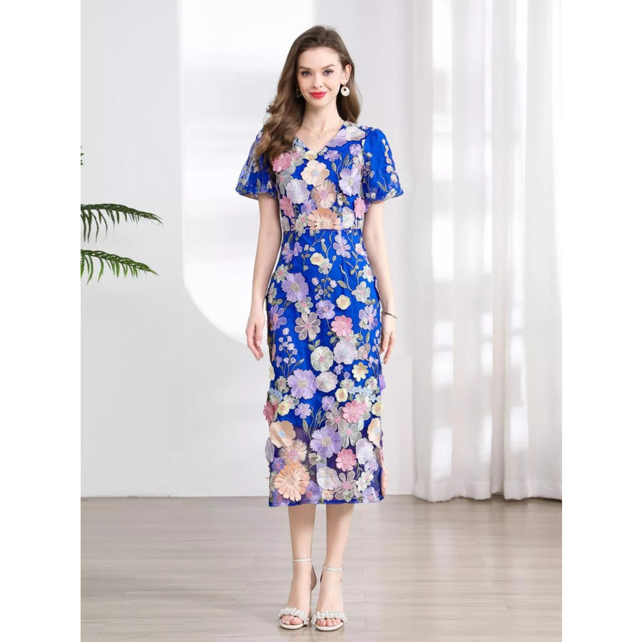 Floral Embroidered Puff Sleeve Midi Dress Royal Blue / S Apparel and Accessories