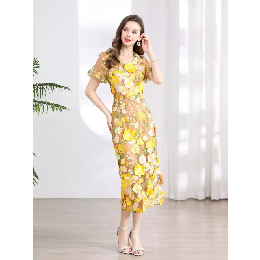 Floral Embroidered Puff Sleeve Midi Dress Yellow / S Apparel and Accessories