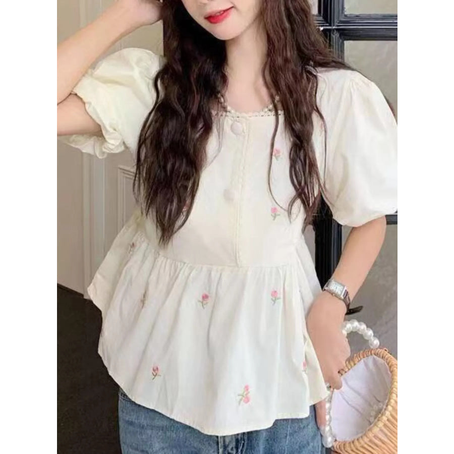 Floral Embroidered Puff Sleeve Peplum Blouse Apparel and Accessories