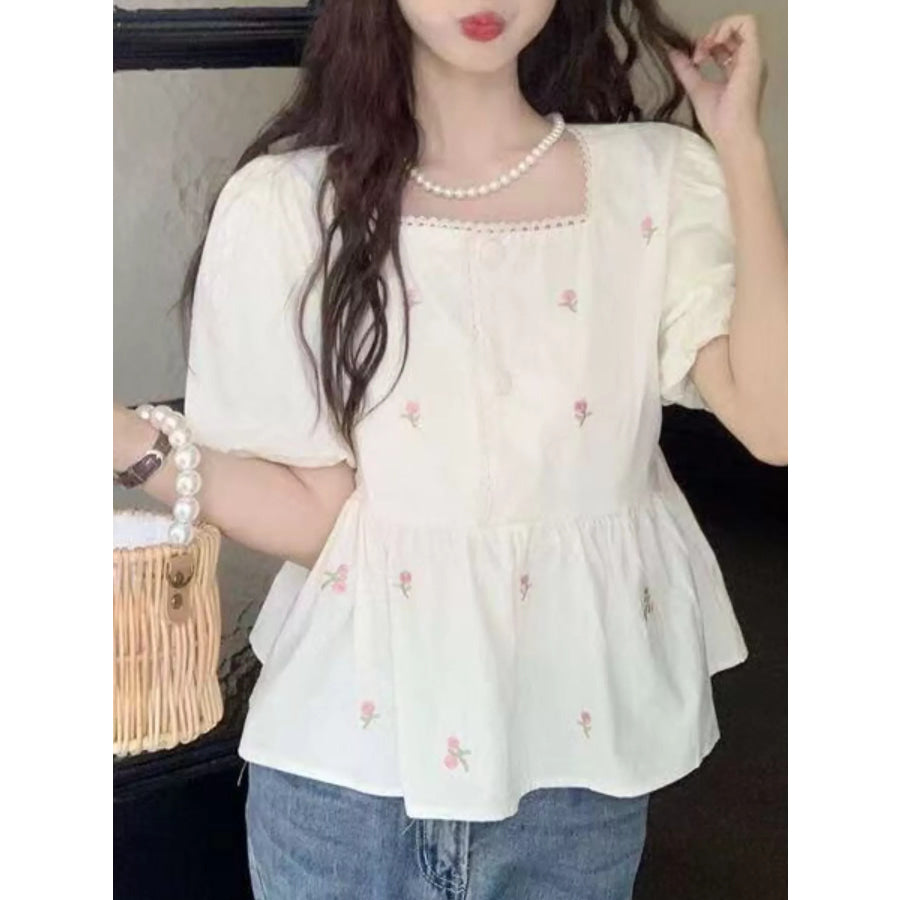 Floral Embroidered Puff Sleeve Peplum Blouse Apparel and Accessories