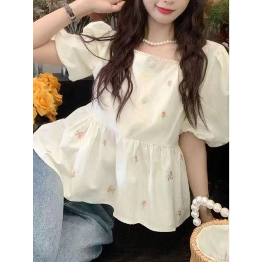 Floral Embroidered Puff Sleeve Peplum Blouse Apparel and Accessories