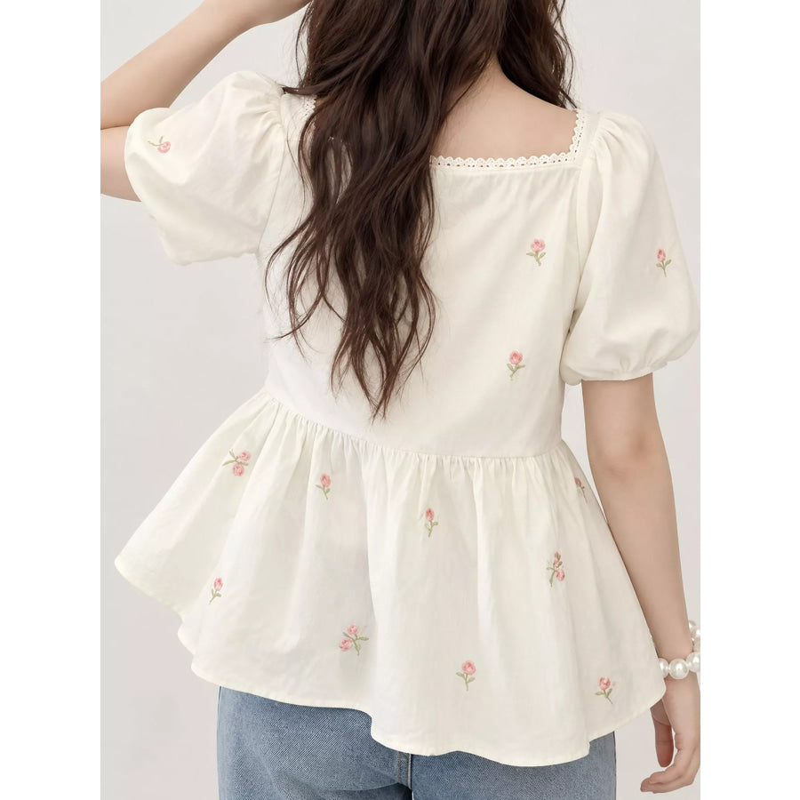 Floral Embroidered Puff Sleeve Peplum Blouse Apparel and Accessories