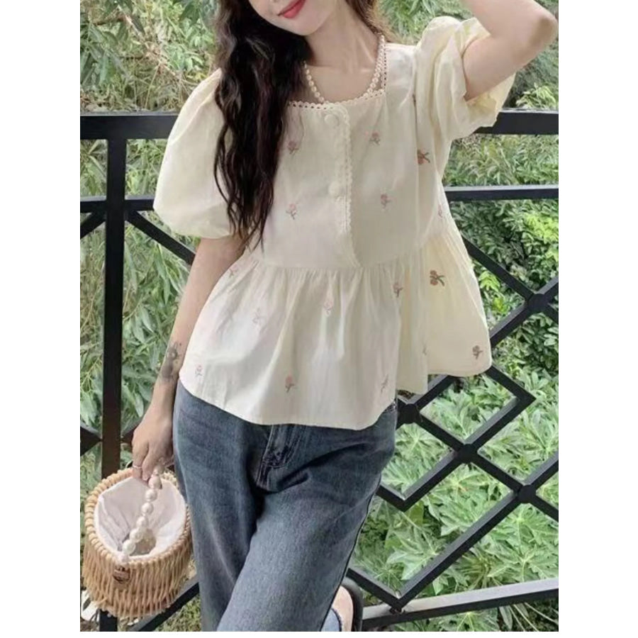 Floral Embroidered Puff Sleeve Peplum Blouse Apparel and Accessories