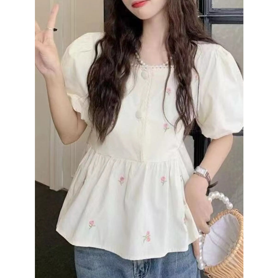 Floral Embroidered Puff Sleeve Peplum Blouse Apparel and Accessories