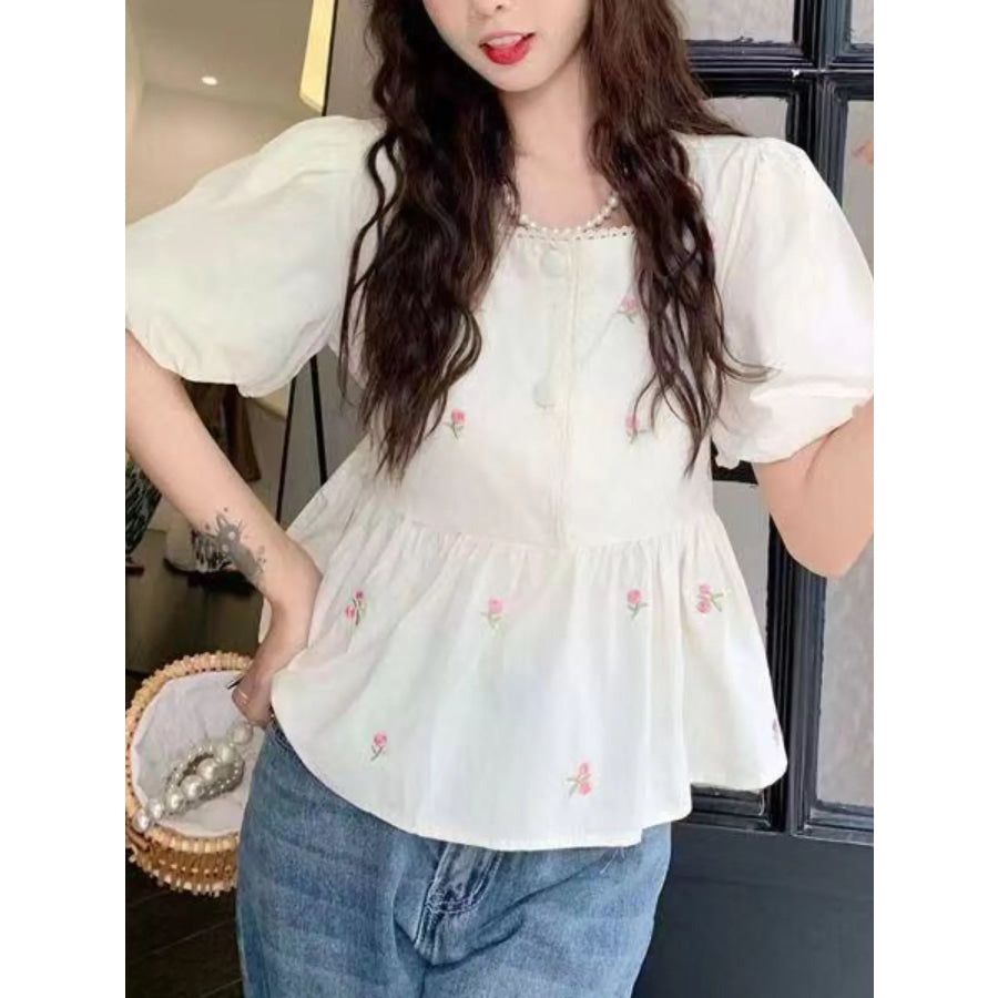 Floral Embroidered Puff Sleeve Peplum Blouse Apparel and Accessories