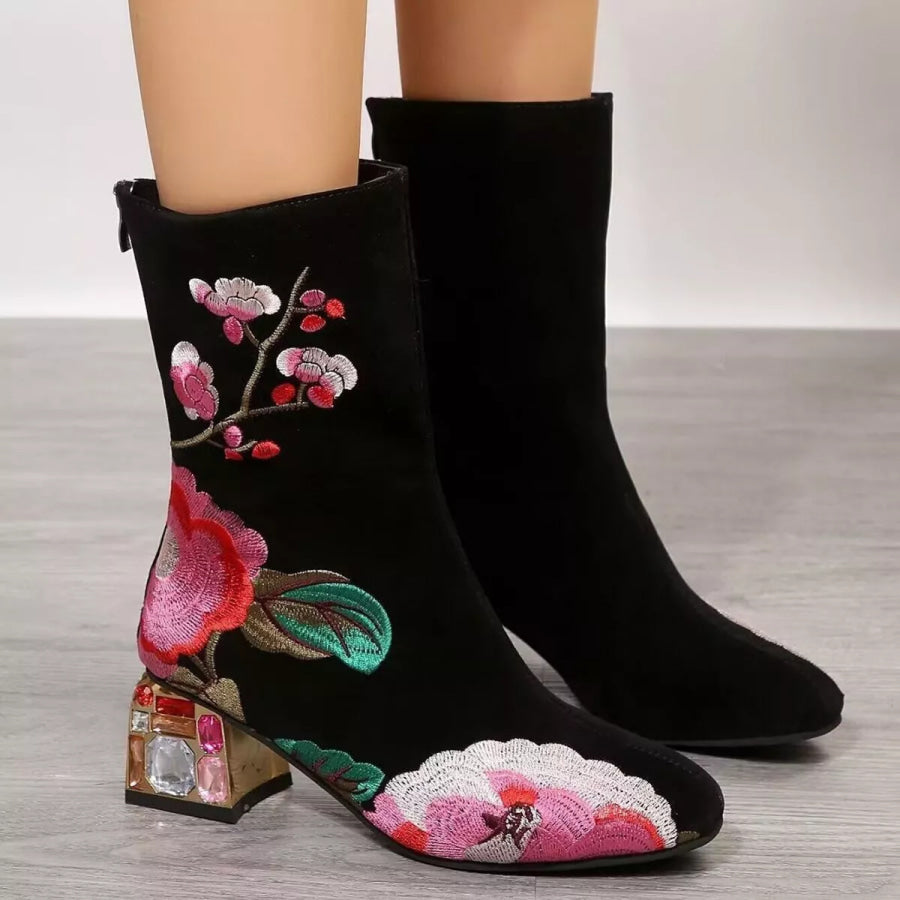 Floral Embroidered Rhinestone Block Heel Boots Apparel and Accessories