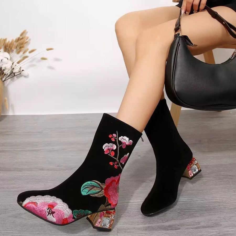 Floral Embroidered Rhinestone Block Heel Boots Apparel and Accessories