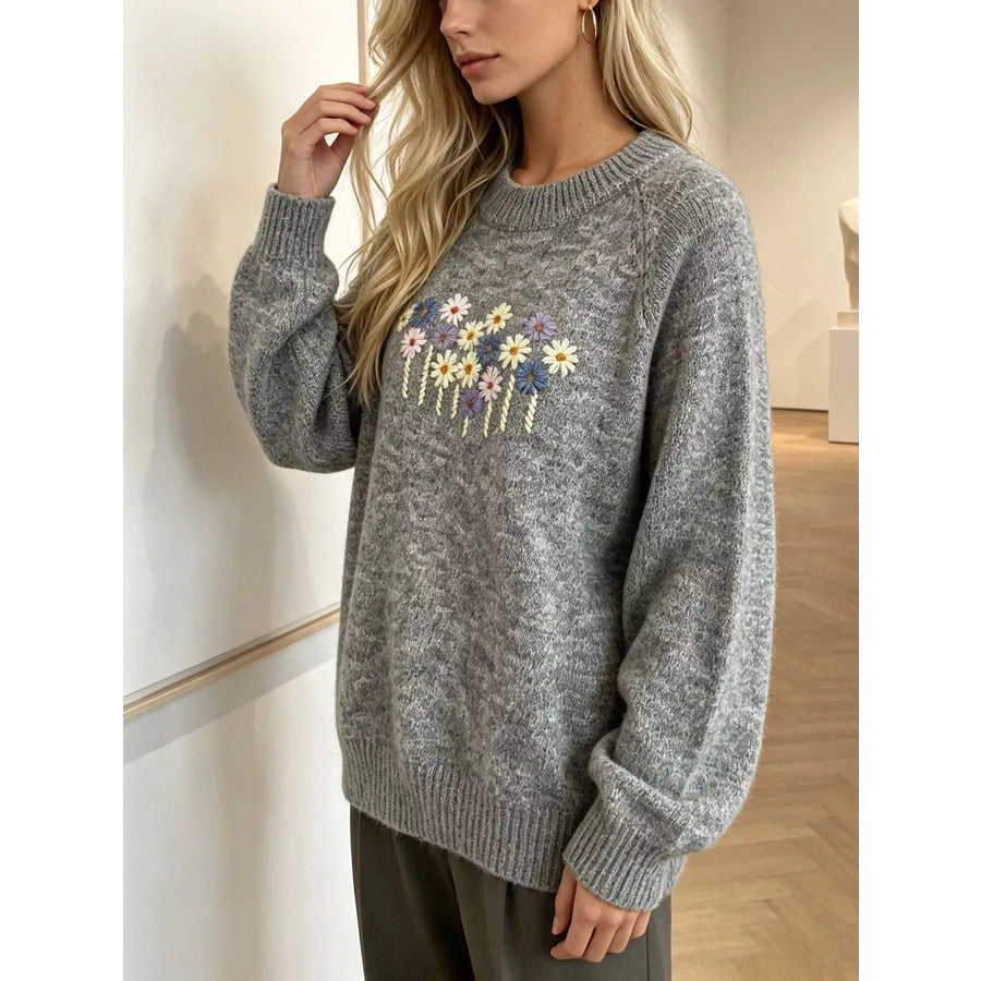 Floral Embroidered Round Neck Sweater Apparel and Accessories