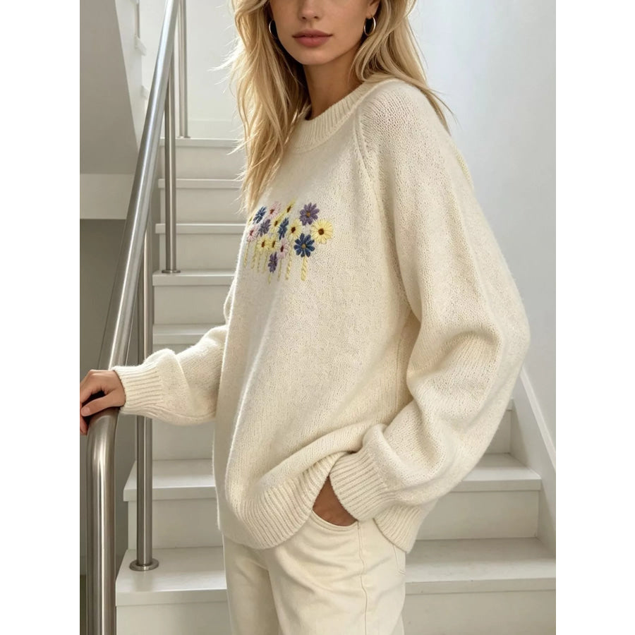 Floral Embroidered Round Neck Sweater Apparel and Accessories