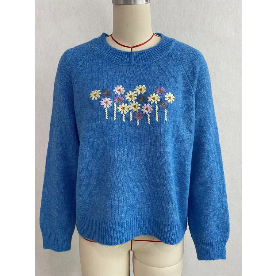 Floral Embroidered Round Neck Sweater Apparel and Accessories