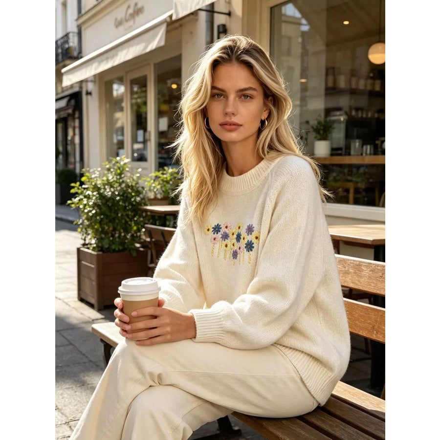 Floral Embroidered Round Neck Sweater Apparel and Accessories