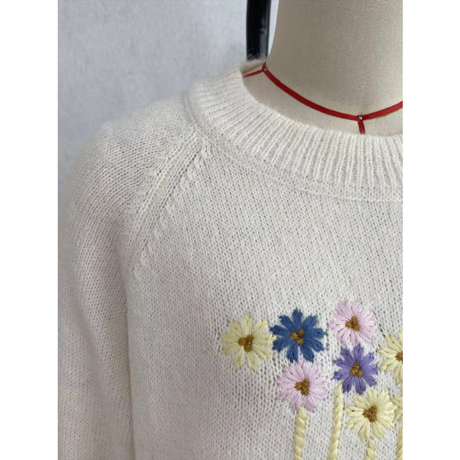 Floral Embroidered Round Neck Sweater Apparel and Accessories