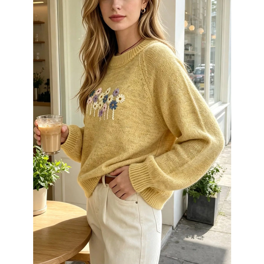 Floral Embroidered Round Neck Sweater Apparel and Accessories