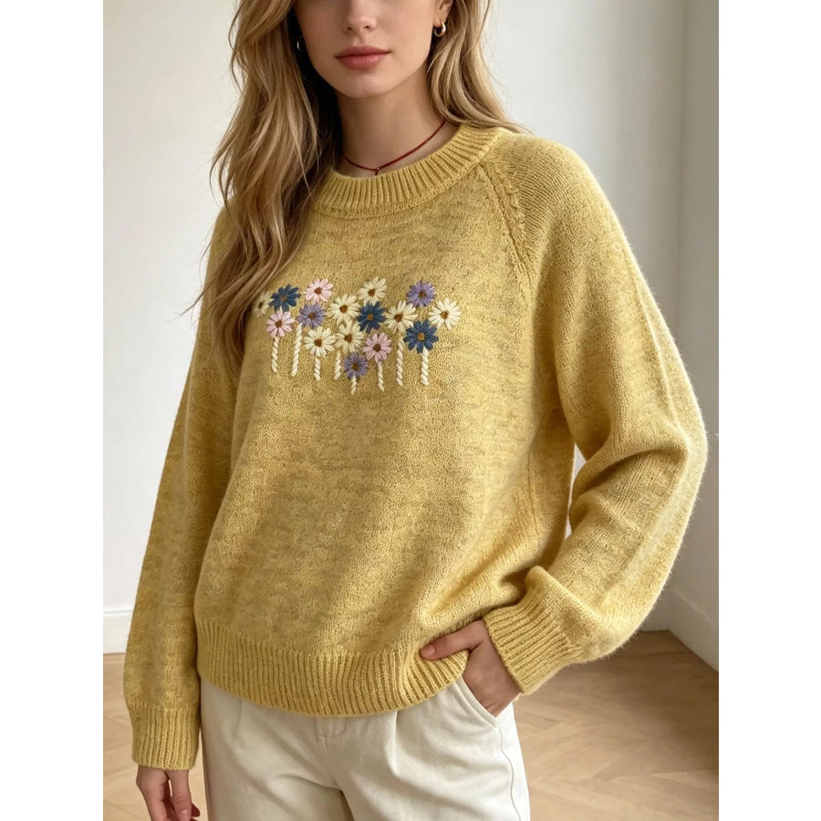 Floral Embroidered Round Neck Sweater Apparel and Accessories