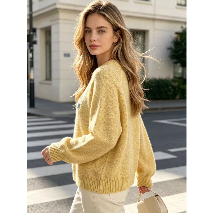 Floral Embroidered Round Neck Sweater Apparel and Accessories