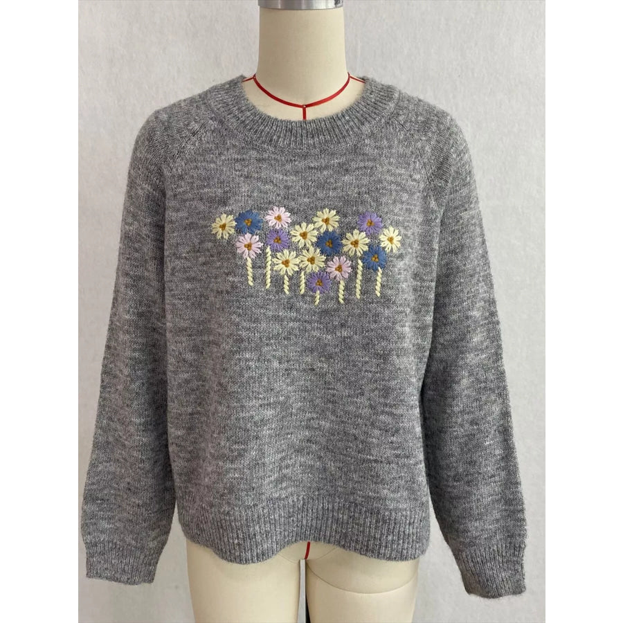Floral Embroidered Round Neck Sweater Apparel and Accessories
